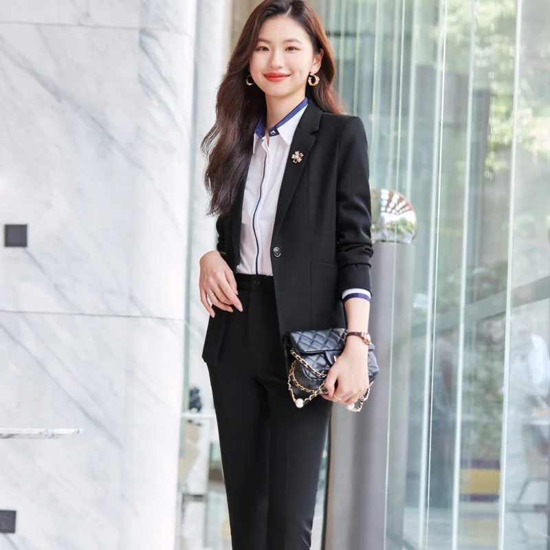 NAVIU Navy Blue Suits Women Autumn New Professional Temeprament Interview Slim Blazer And Pants Sets Office Lady Work Wear Black