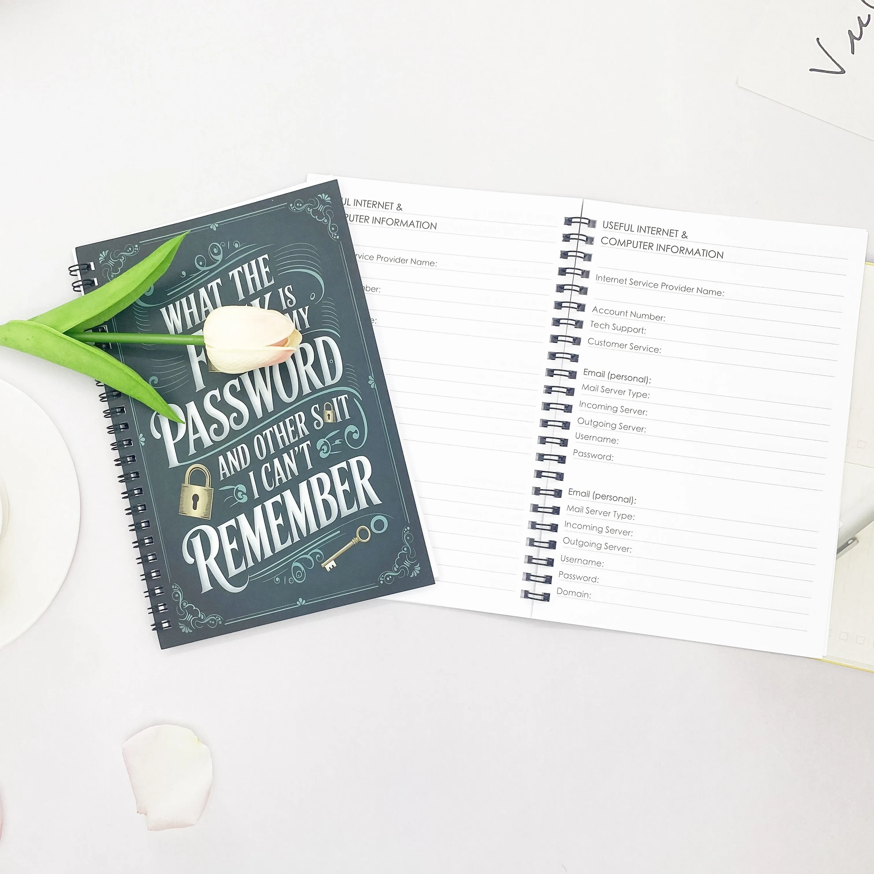 كتاب كلمة المرور الحلزونية |   1 قطعة |   تتبع التسجيلات وكلمات المرور |   استخدام المنزل/المكتب |   تصميم مفتاح الزخرفية