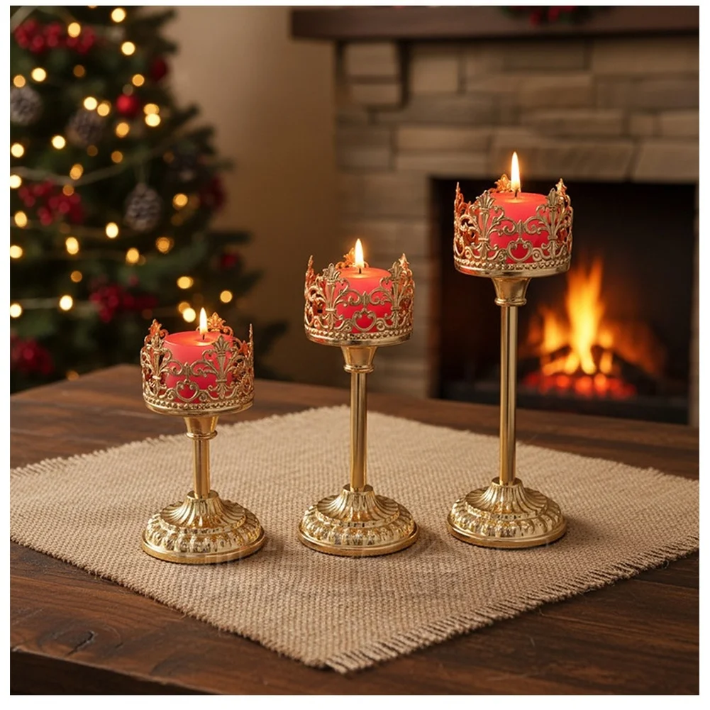 3Pcs Candle Holders Golden Hollow Crown-shaped European Style Candle Holders Candlestick Christmas Home Table Decoration