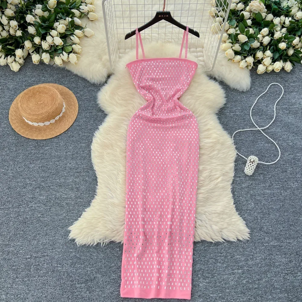 

Chic Hotsweet Rhinestone Slim Sexy Straps Dress High Street Vintage Evening Party Basics Korean Fashion Women Summer Clothing