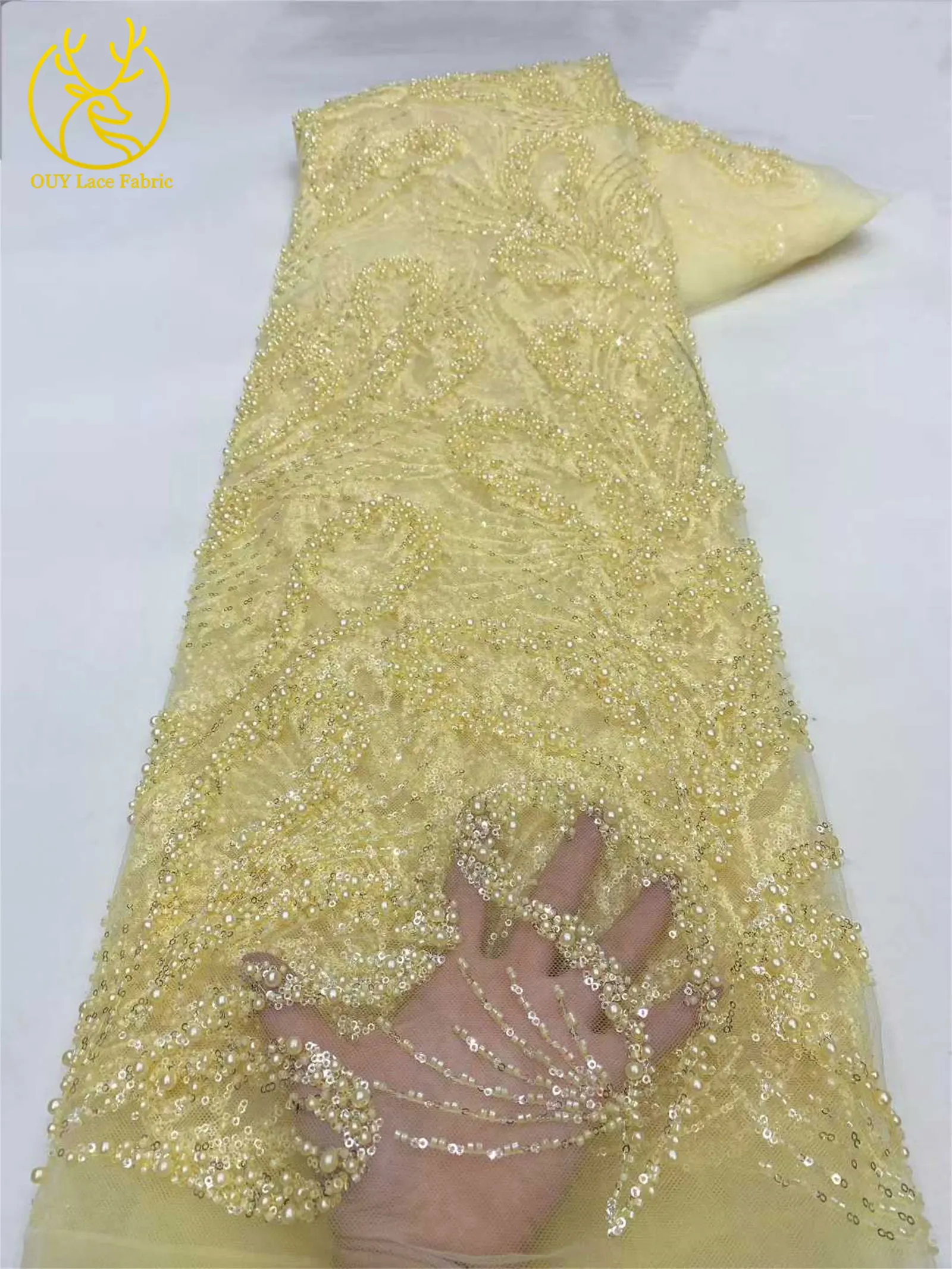 2025 Hot-selling New Luxury French Handmade Beaded Embroidery Lace Fabric African Nigerian Sequin Fabric Wedding Dress Fabric