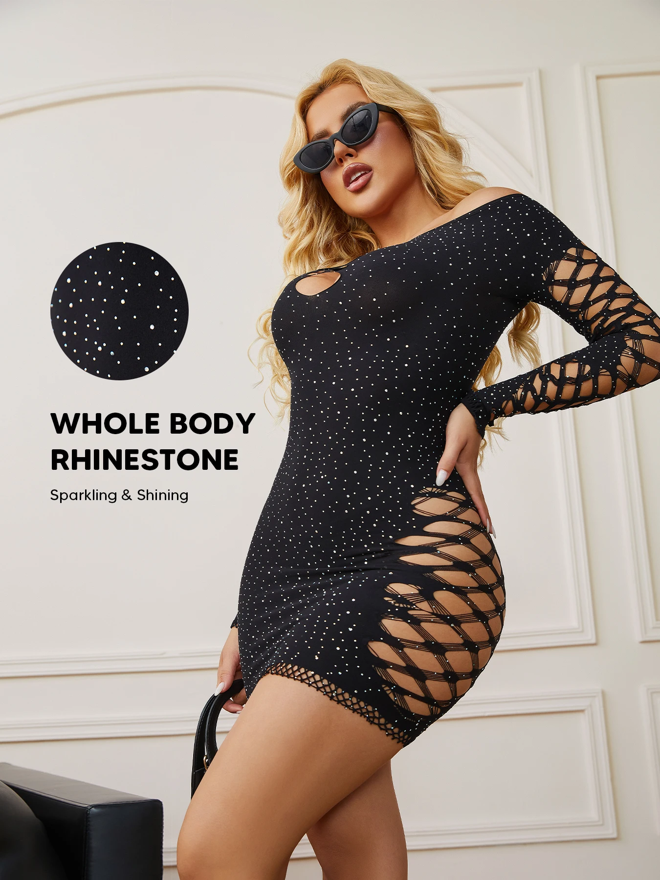 Vestido negro brillante con un hombro y diamantes de imitación para mujer, vestido recortado de manga larga, ceñido al cuerpo, elástico, Sexy, para fiesta nocturna y cita