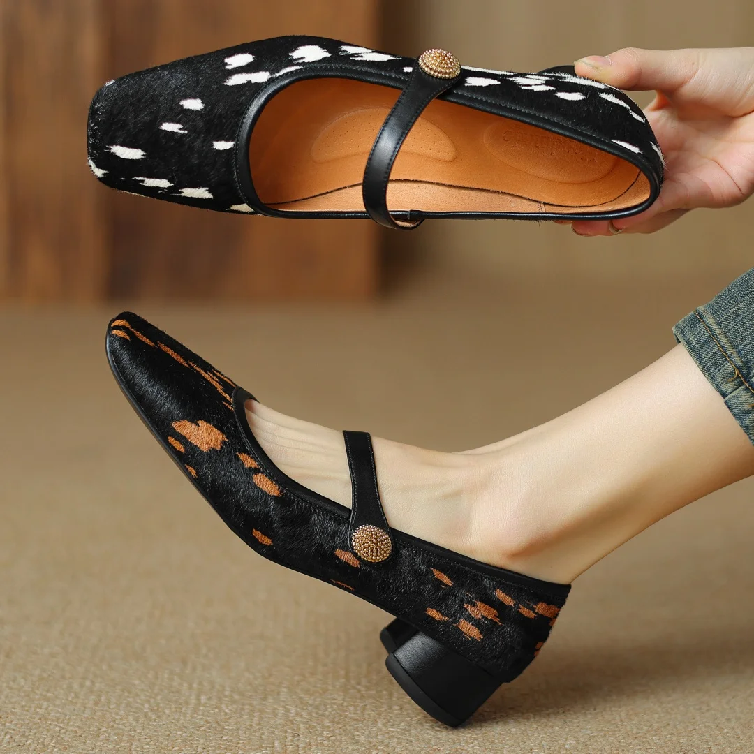 Plus size 34-42 women's leopard horsehair Mary Jane flats square toe high quality female soft comfortable slim elegant shoes hot