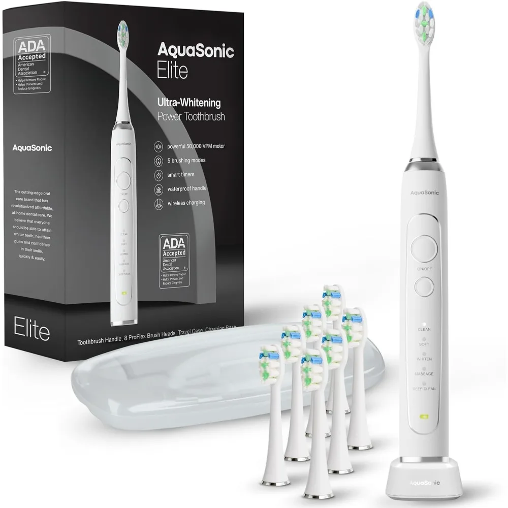 

Elite Ultra White toothbrush, ADA-approved electric toothbrush, 8 Proflex brush heads and travel case, wireless charging