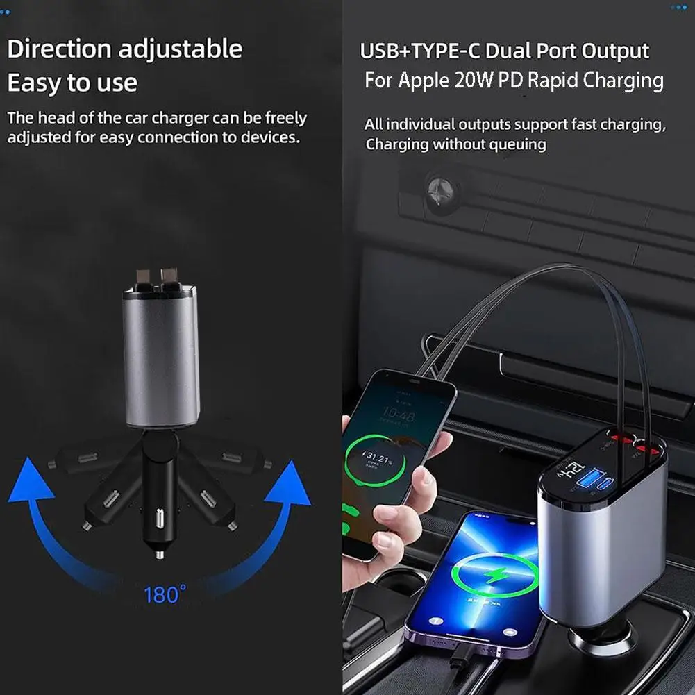 100W 4 IN 1 Retractable Car Fast Charger For Apple USB Type C PD QC3.0 Super Fast Charger Cigarette Lighter Adapt