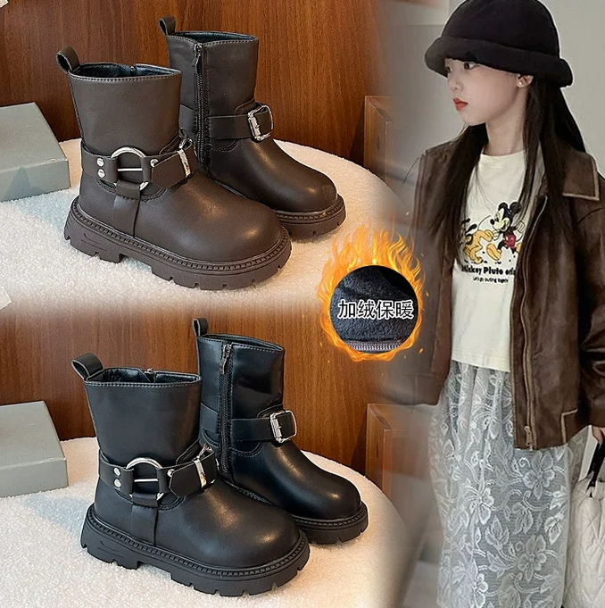 

Children Leather Boots Suede Warm Kids Fashion Boots Korean Style Versatile 2025 Autumn Winter Girls Princess Boots Round Toes