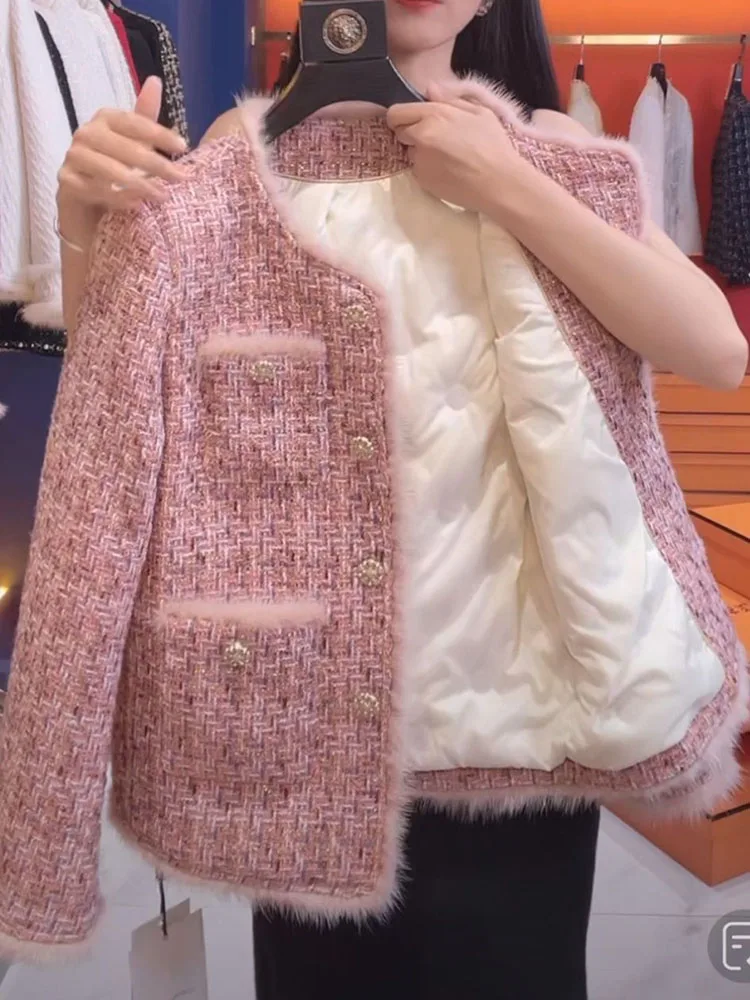 Pink Small Fragrance Jacket Women Down Lining Warm Short Jacket Autumn Winter Tweed Woolen Coat Female Casual Tops Outerwear