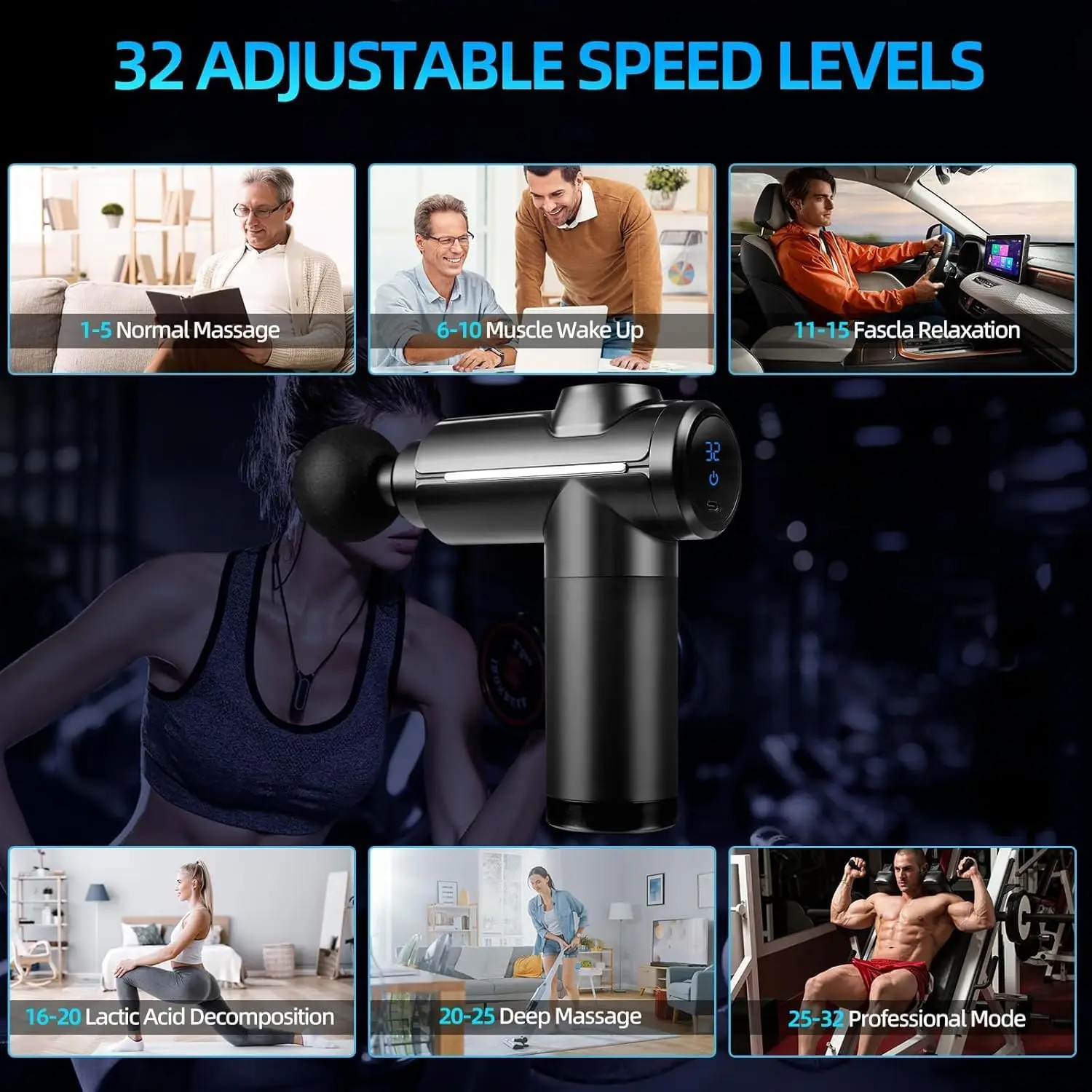 Pistola de masaje Masajeador de percusión muscular de tejido profundo, 32 velocidades con pantalla táctil LCD 8 cabezales Hombro Cuerpo Cuello Espalda Relajación