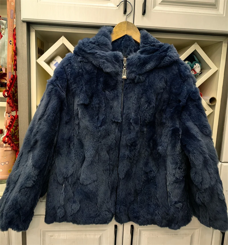 Chaqueta holgada de invierno con capucha y cremallera para mujer, abrigo de piel Natural 100% de piel de conejo auténtica, ropa gruesa y cálida para mujer, prendas de vestir exteriores peludas para mujer