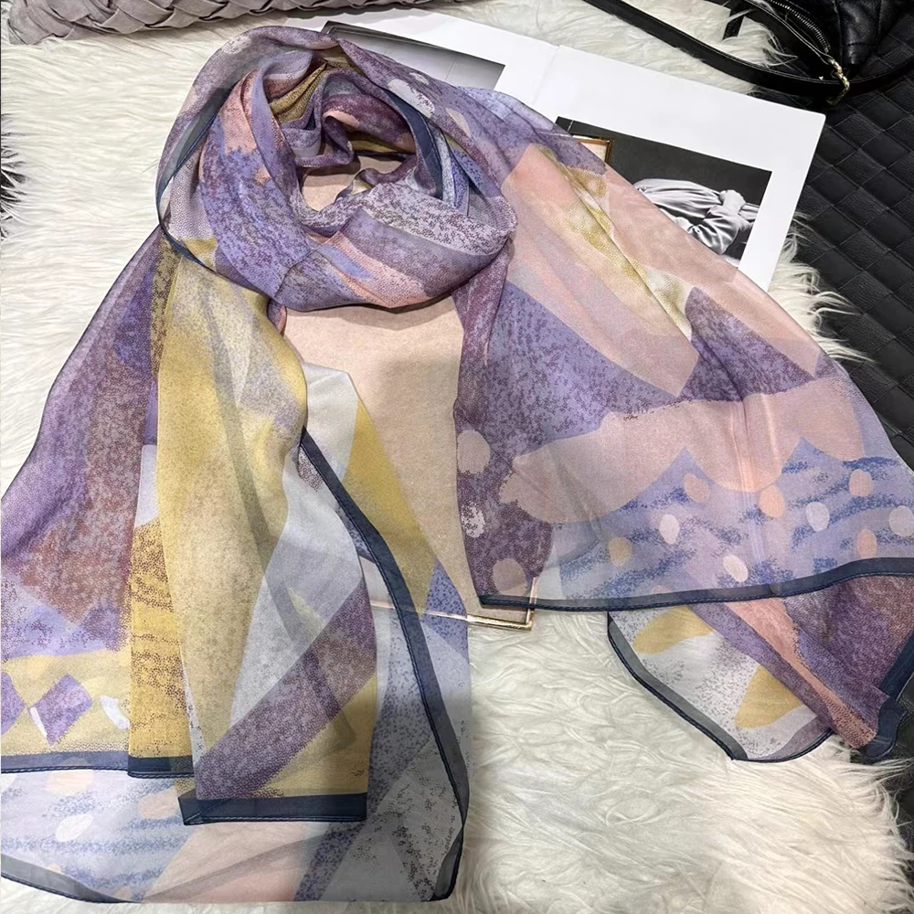 New Purple 100% Silk Shawl Scarf Printed Women Fashion Brand Long Scarves Summer Silk Chiffon Beach Scarf Wraps 180*110cm