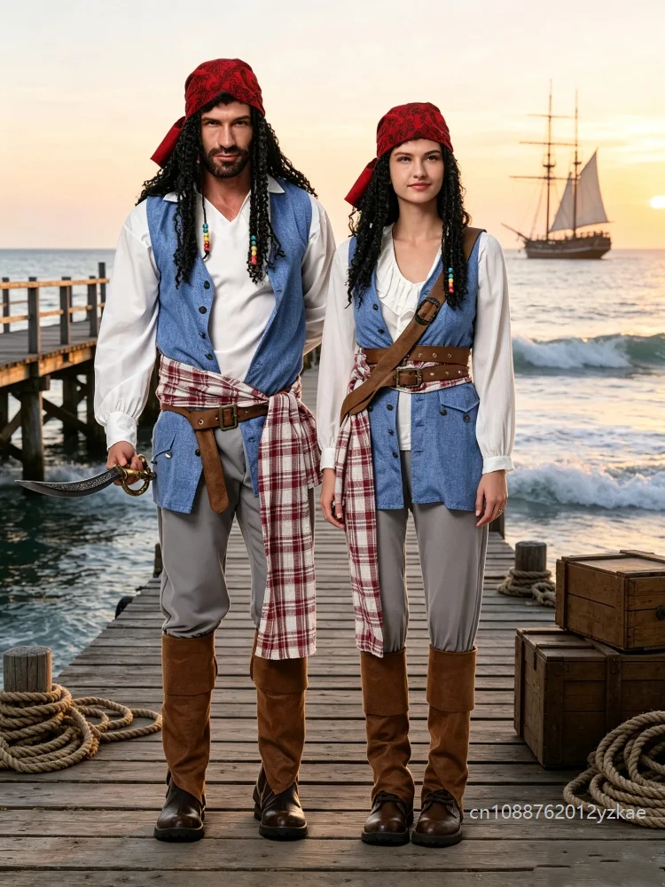 Divertido Chaleco Azul Retro Unisex Medieval, Disfraz de Capitán Pirata, Halloween, Carnaval, Fiestas de Disfraces Familiares, Actuaciones en Escenario