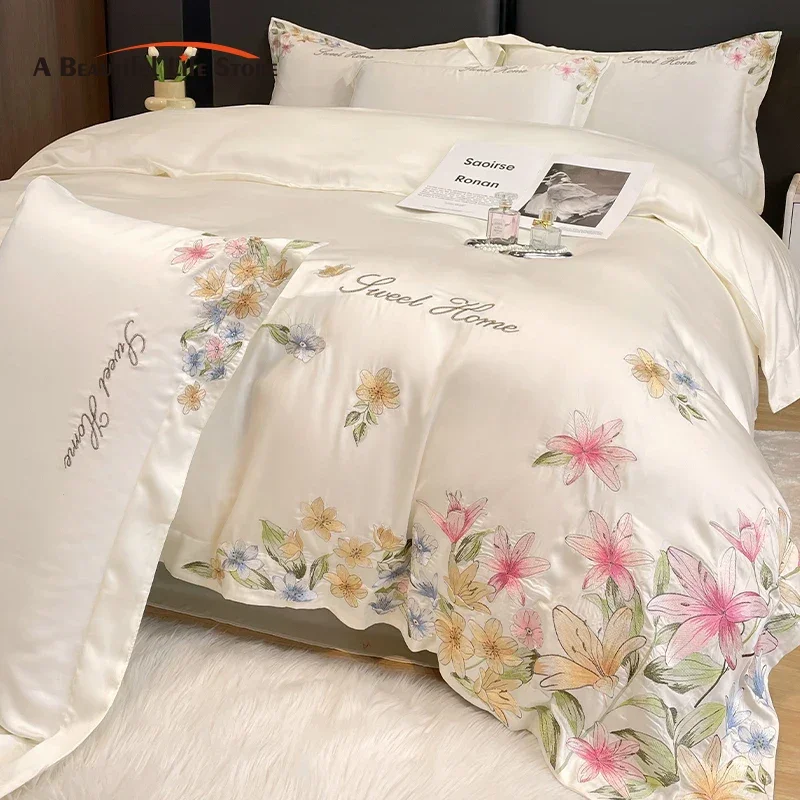 

Luxury Bedding Set Flowers Embroidery Summer Ice Silky Duvet Cover Set Fitted Sheet Bed Sheet Pillowcases Comforter Cover Set