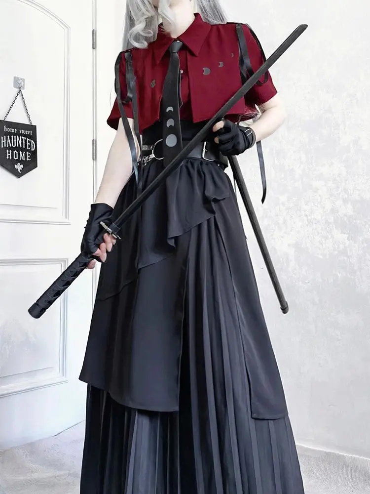 2025 New Gothic Vintage Elegant 3 Piece Sets Women Y2k Button Design Tops + Black High Waist Retro Skirt Female Belt Party Sets