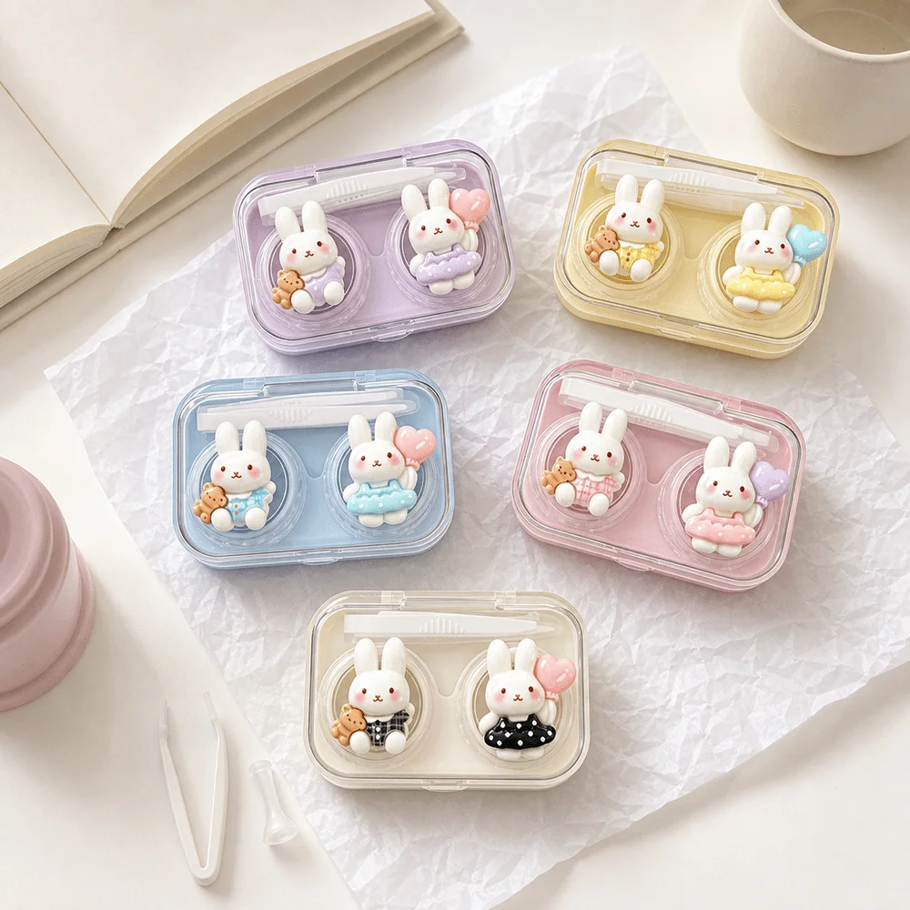 Cartoon Bunny Contact Lens Case Wearing Tool Included Double Compartment Mini Storage Box Portable Cosmetic Lenses Container