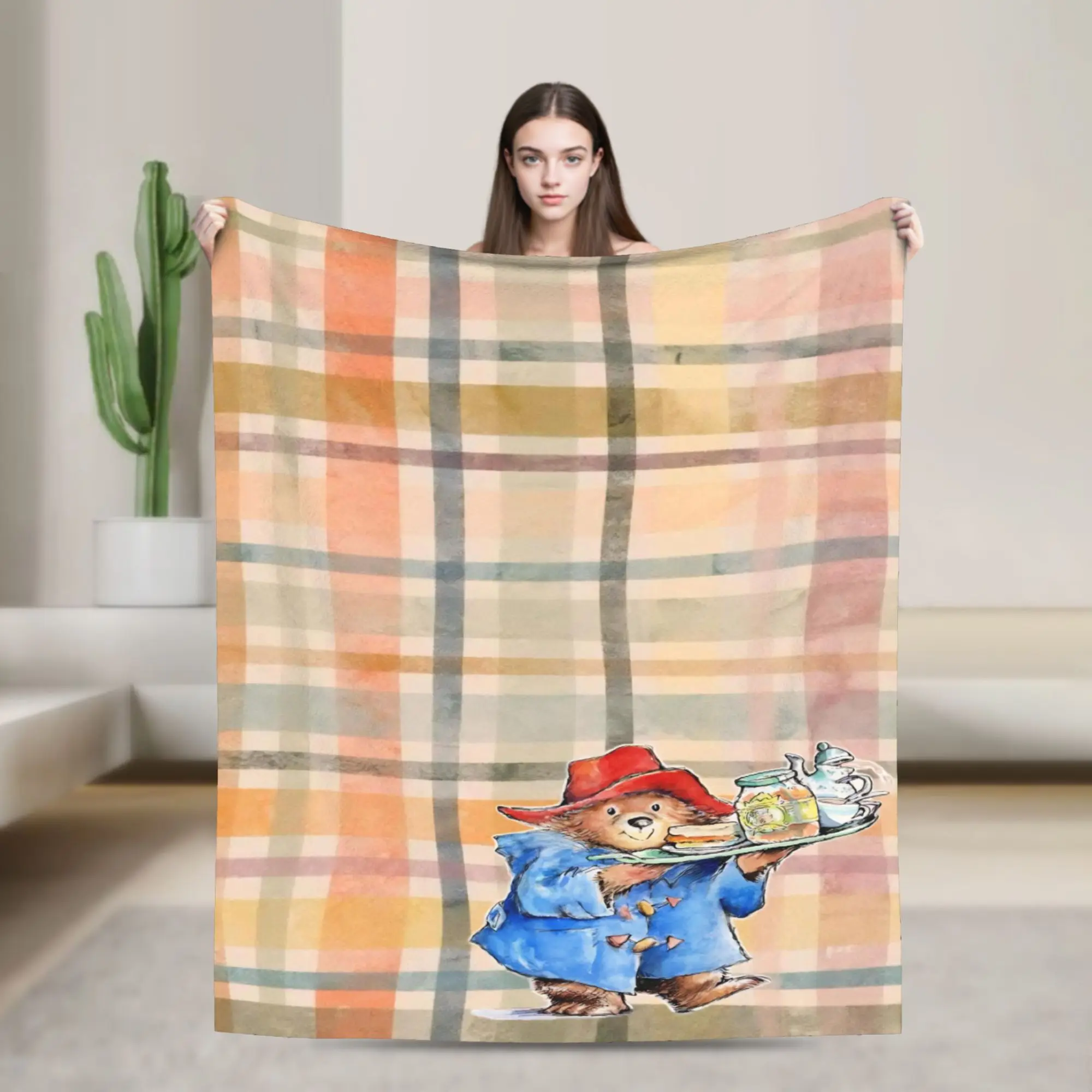 

Paddington Bear Plaid Background Cartoon Print Warm Blanket Plush Throw Blanket Living Room Flannel Bedspread Sofa Bed Cover