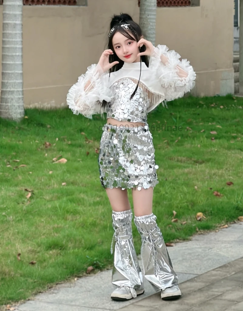 Vestido de performance de dança jazz para meninas, conjunto moderno de malha de couro brilhante da moda feminina, vestido de desfile de moda hip hop modelo