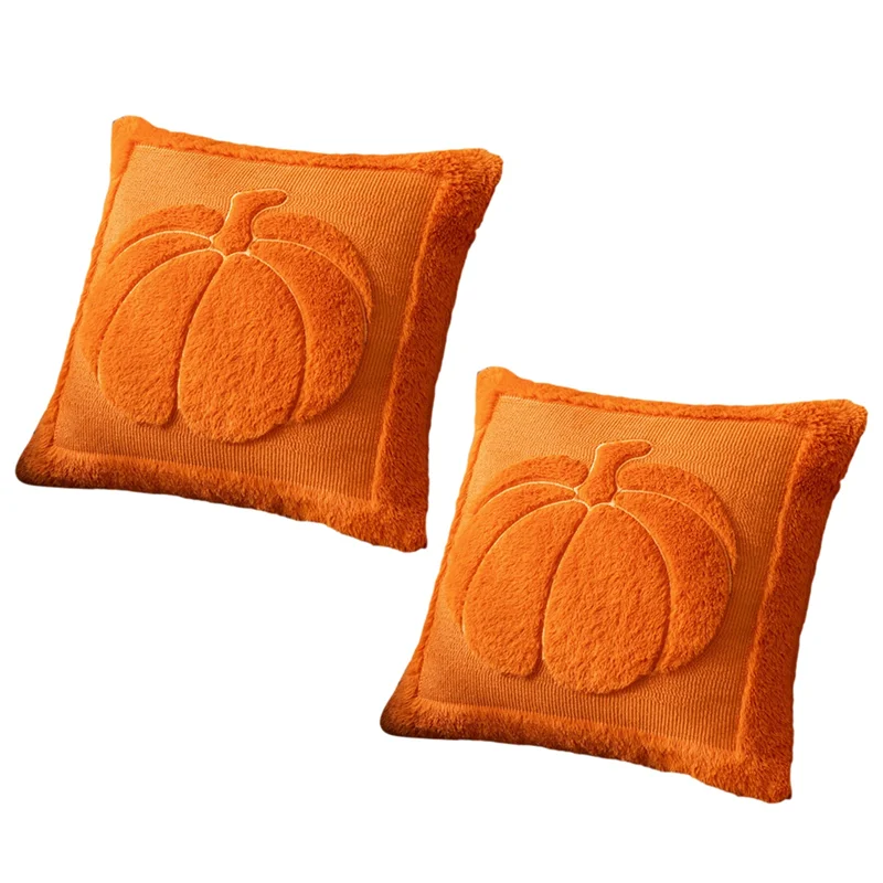 

AB34-Soft Plush Faux Leather Cushion Covers 2-Pack Fall Beige Pumpkin Embroidered Pillow Covers