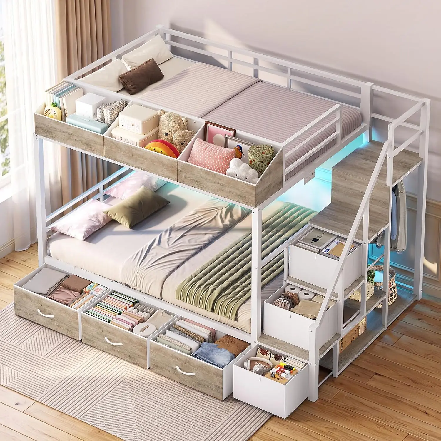 Twin over Full Bunk Bed with Storage Stairs, Shelves, and Charging Station
