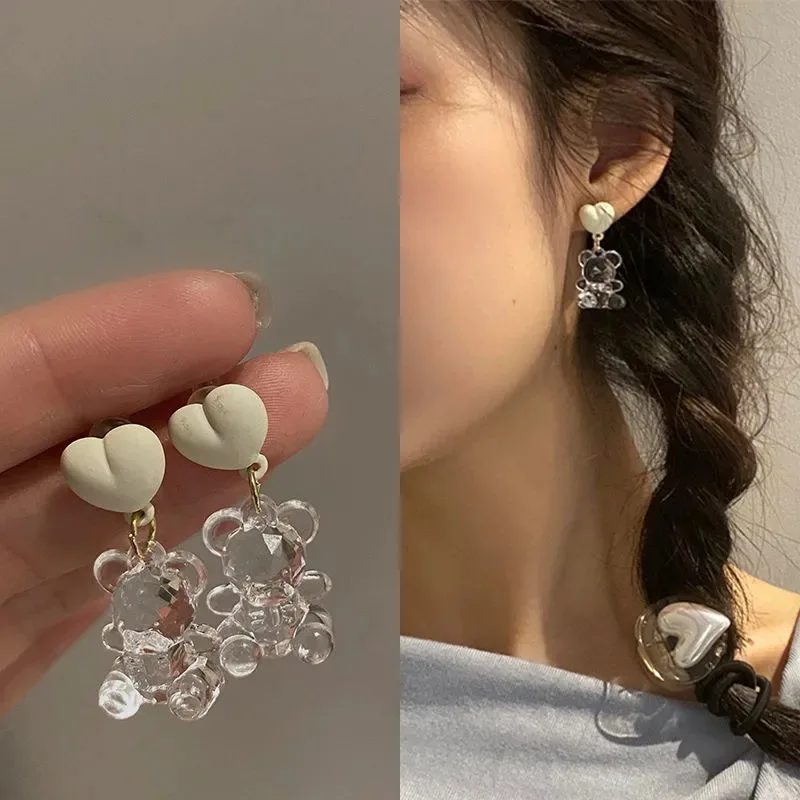 Cute Girl Style Transparent Teddy Bear Earrings, Japanese Style Temperament,