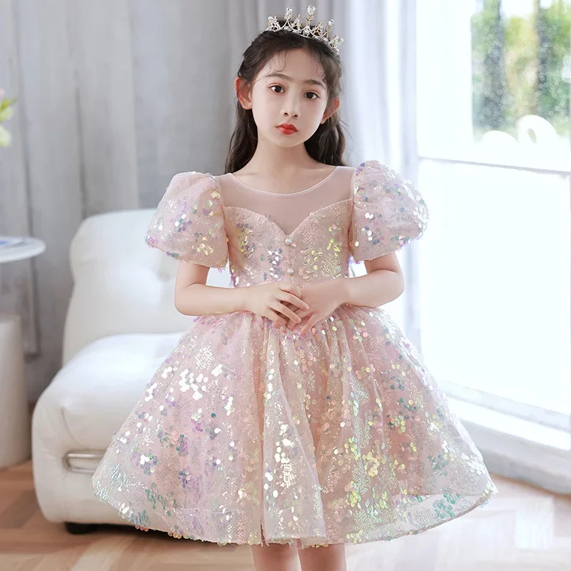 2025 Luxury Gowns Sky Blue Evening Formal Frock Kids Birthday Party Dresses for Little Girl Size 2 To 14 Years Prom Sequin Dress