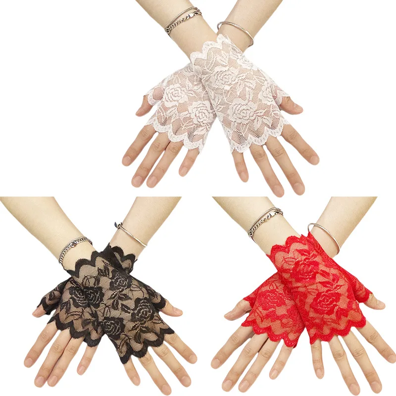 Gloves Ladies Lace Fingerless Short Flower Edge White UV Protection Wedding Party Formal Show Breathable Soft Lightweight