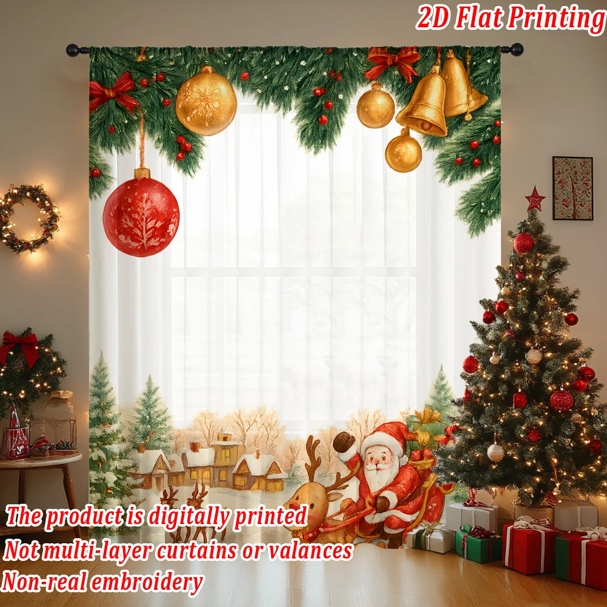 ستارة شفافة مطبوعة مسطحة لعيد الميلاد مع زخرفة سانتا كلوز لأشجار عيد الميلاد لغرفة المعيشة وغرفة النوم وحفلات العطلات