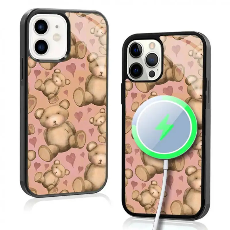 

Cute Teddy Bear With Pink Hearts Case For iphone 11 12 13 14 15 Plus Pro Max Mirror Acrylic For Magsafe Wireless Charging