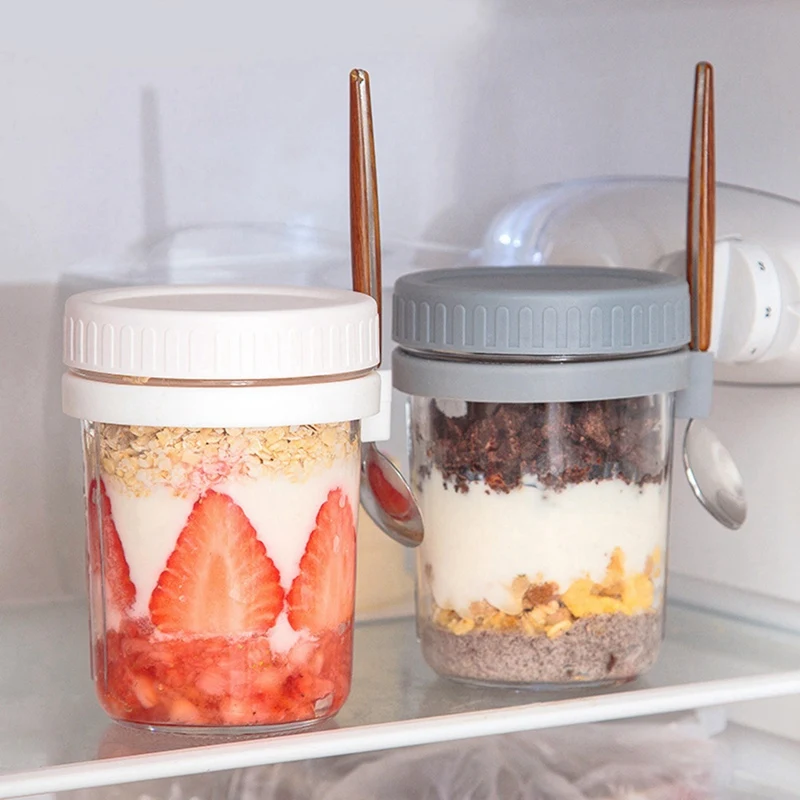 BAAG-Set Toples Oatmeal Semalam yang Dapat Digunakan Kembali, Stoples Kaca Tersegel 350 Ml Dengan Tutup Dan Sendok, Digunakan Untuk Sereal Dan Yogurt.