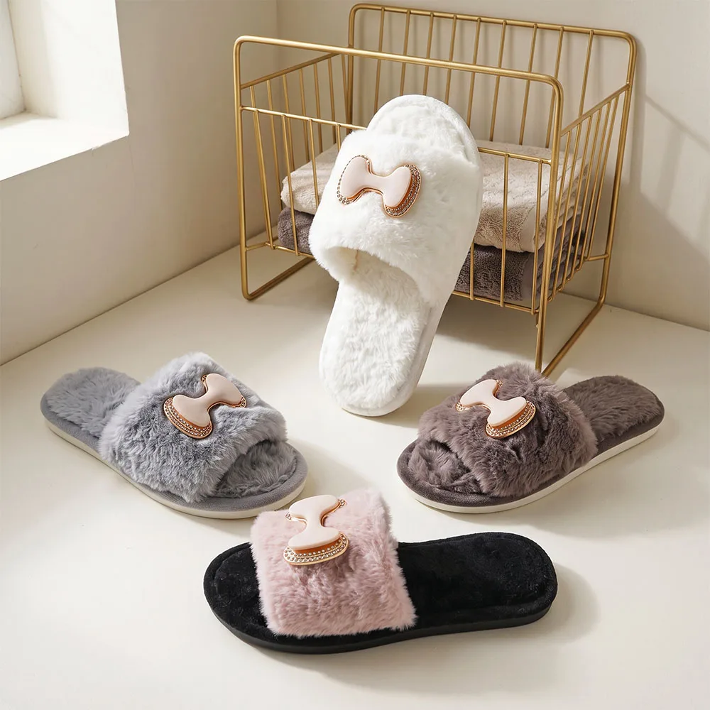 Women Fashion Lightweight Plush Slippers Rhinestone Trim Bow Decor Open Toe Slides Warm Fluffy Indoor Outdoor House Shoes
