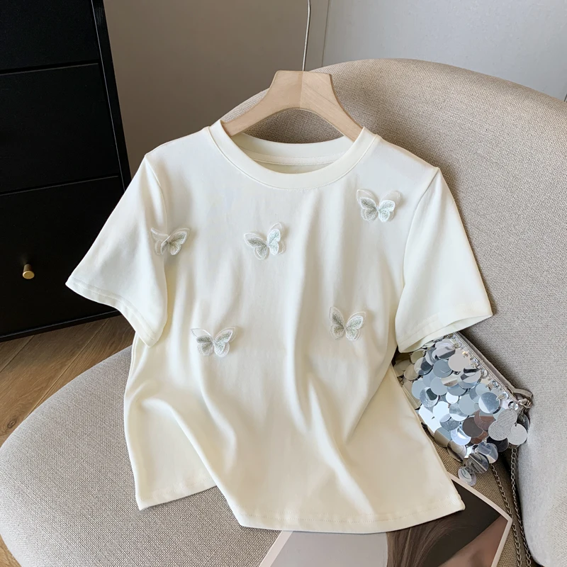 Chinese Style Geometric bow Tops Women T-shirt Loose Short Sleeve Basic Summer Clothes Embroidery Tops Woman O-neck Cotton Tees