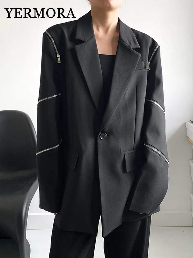 YERMORA Women Black Zipper Two Ways Wear Big Size Blazer New Lapel Long Sleeve Basic Jacket Fashion Tide Spring Autumn 2024