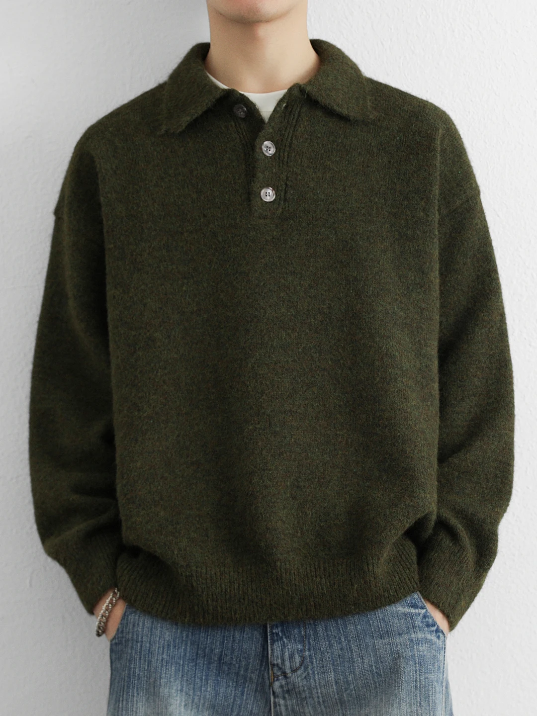 Autumn and Winter Men's American Style Loose Casual Polo Collar Warm Dark Gray Brown Green Turn-Down Collar Knit Sweater