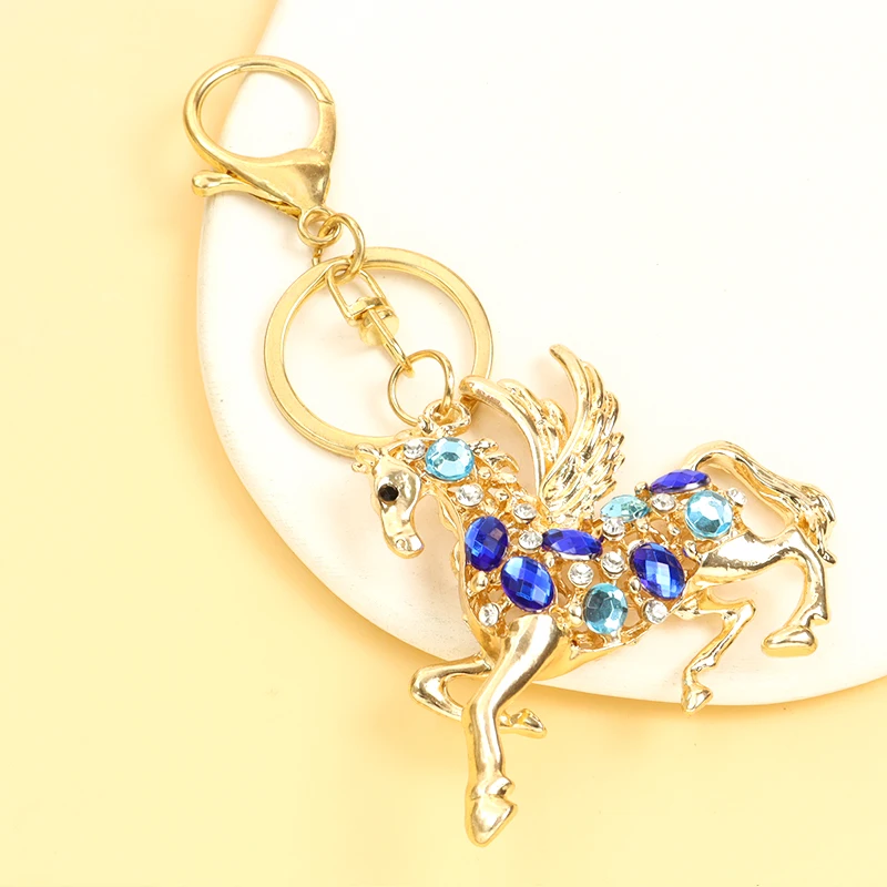 Exquisite Coloured Rhinestones Skyhorse Keychain Chinese Zodiac Gift Souvenir Bag Pendant Car Interior Horse with Wing Keyring