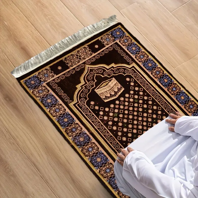 VIKAMA Retro Brown Bottom Blue Flower Grid Mosque Arch Worship Carpet Wear resistant Portable Home Worship Mosque Pilgrimage