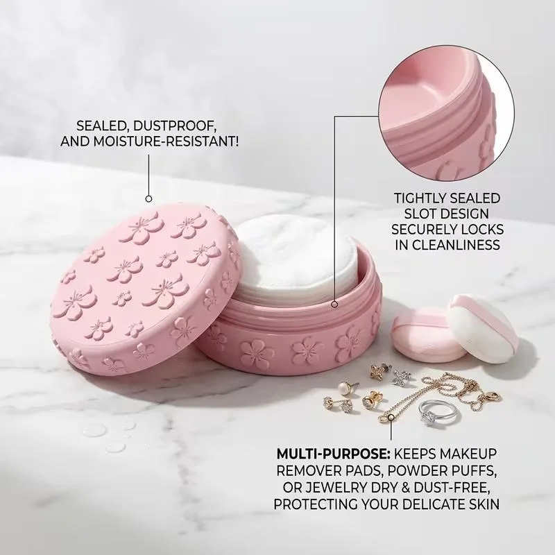 3D Printed Embossed Cherry Blossom Cosmetic Storage Box With Lid Dustproof Makeup Container Girly Desktop Holder For Beauty Blen