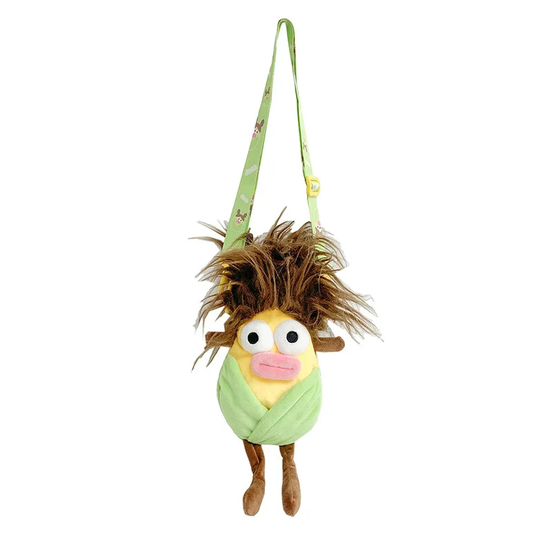 Borsa a tracolla divertente creativa Verdure di cartone animato Capelli fritti Borsa a tracolla in peluche di mais Bella borsa con cerniera per studenti bambini