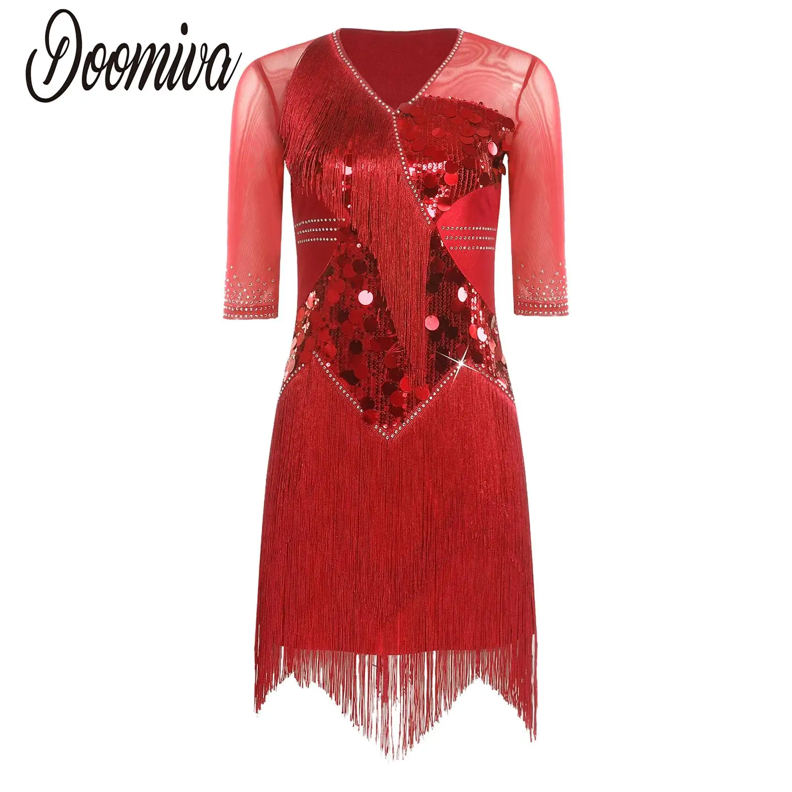 

Women Latin Cha-cha Salsa Dance Dress Tango Jazz Performance Costume Sequin Rhinestones Tiered Tassel Half Sleeve Dance Dress