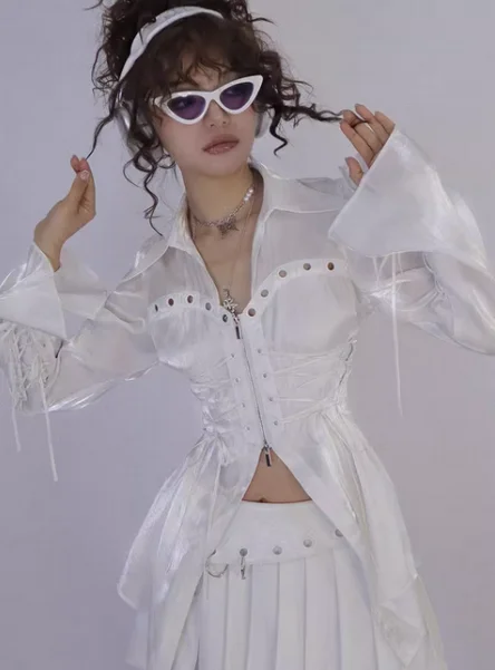 New Original Japanese Harajuku Cool Girl Fashion White Long Shoulder Waist Cinching Shirt Female Temperament Slim Kawaii Top