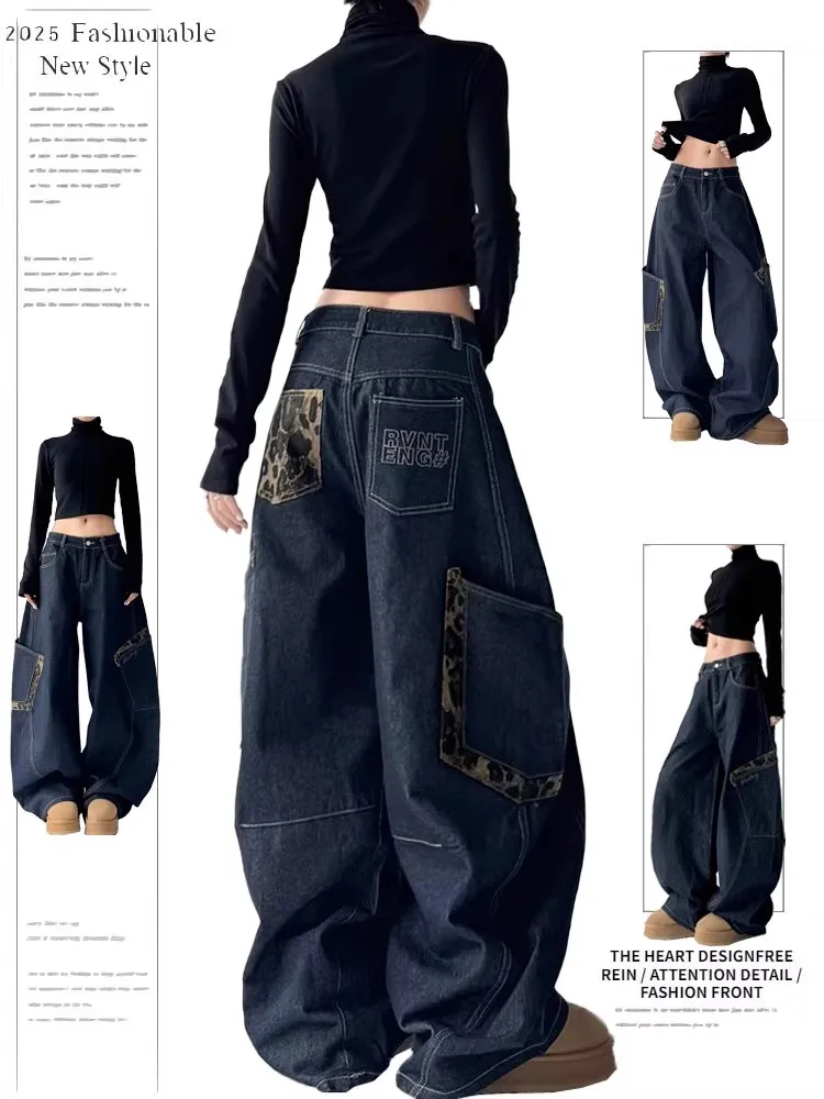 

American New Fashion Letter Embroidery Stitching Old Baggy Jeans Women Y2K Harajuku Popular High Waist Wide Leg Trousers