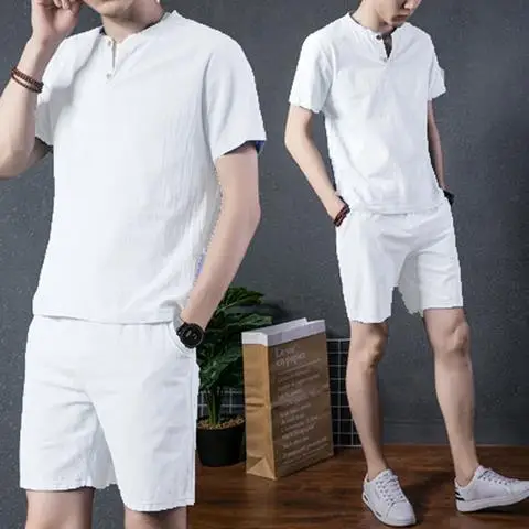 

Men's Cotton Linen Set Summer Vintage Casual ort Sve T-irt Haome Thin Sle Two-Piece Suit for Men Spring Summer