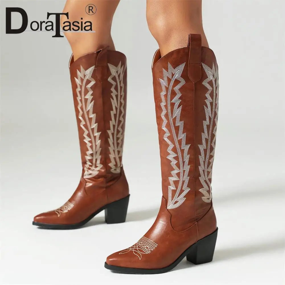 

New Ladies Chunky High Heels Cowboy Boots Fashion Vintage Embroider Pointed Toe women's Western Cowgirl Boots Party Shoes Woman