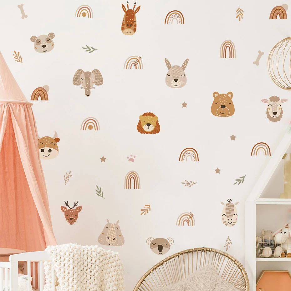 Boho Style Woodland Animals Rainbow Lion Wall Stickers for Kids Room Baby Nursery Wall Decal Vinyl Mural Bedroom Home Decor