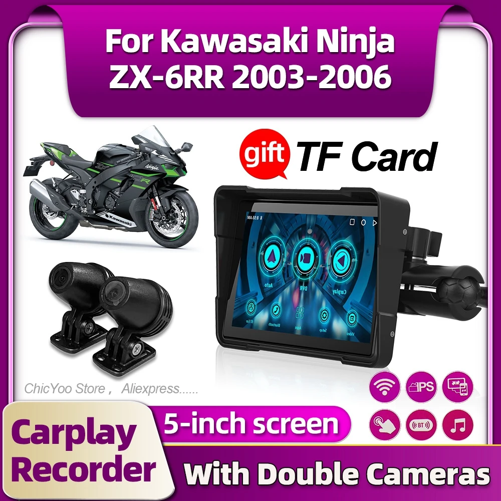 5 inch Motorcycle Navigation Carplay Android Auto Waterproof Display Screen For Kawasaki Ninja ZX-6RR 2003 2004 2005 2006