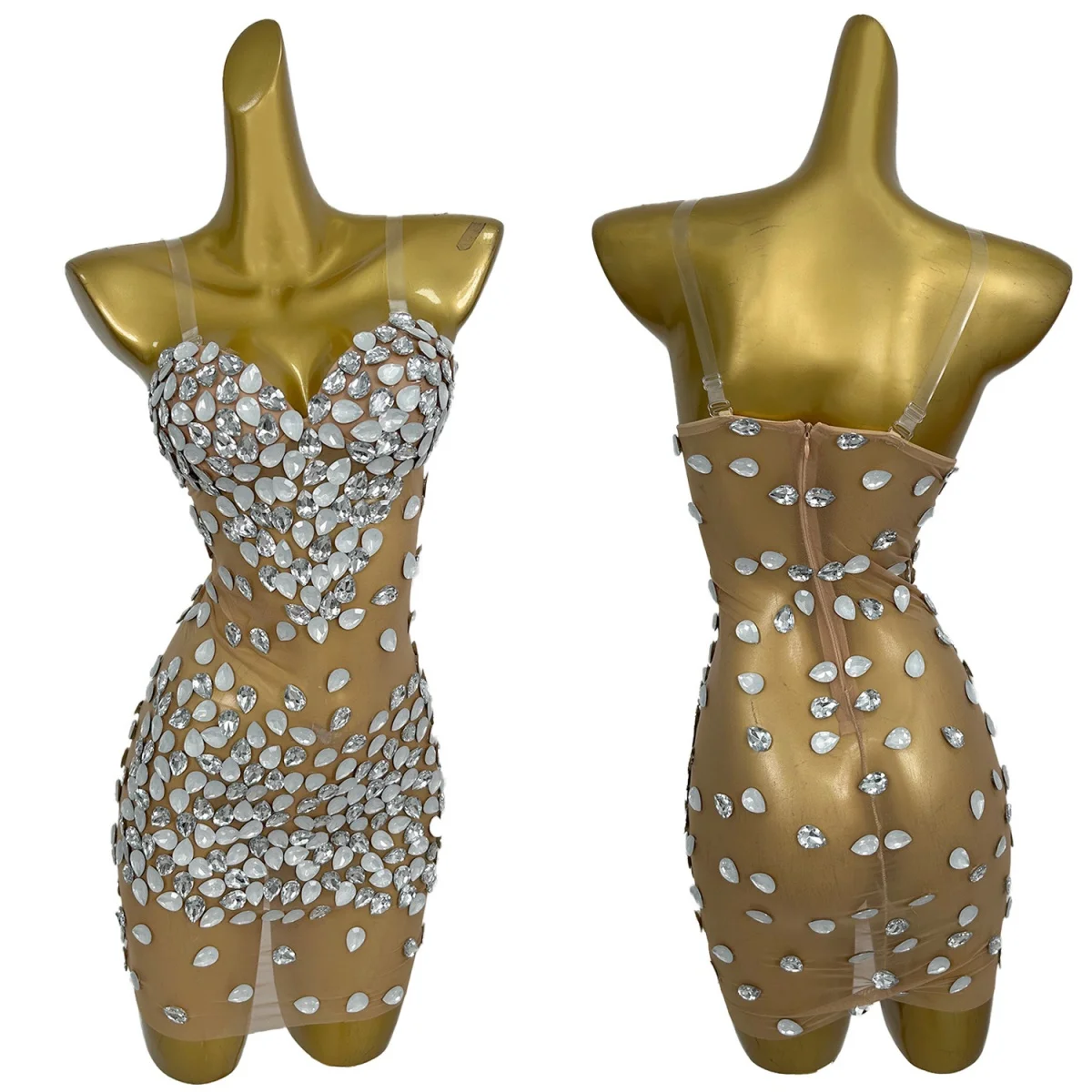 

Silver White Rhinestone See Through Mesh Mini Slip Dress Sexy Women Tight Fitting Short Dress Party Photo Shoot Wear Xiaobaixin