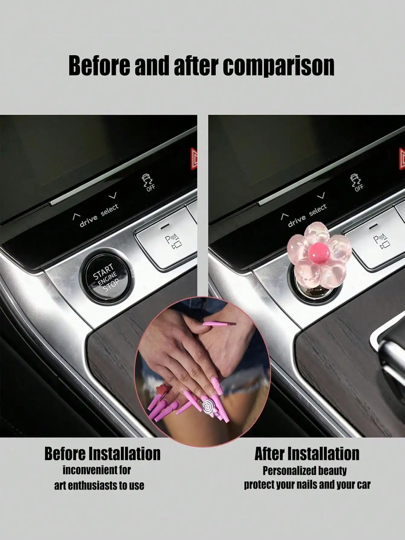 Resin Flower Car Start Button Cover with Double-Sided Tape, Cute Interior Decor for Women