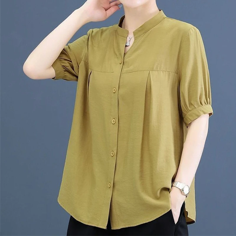 

Women Summer Style Casual Oversize5XL Blouse Shirts Office Lady Elegant Short Sleeve Stand Collar Loose Blusas Solid Color Tops