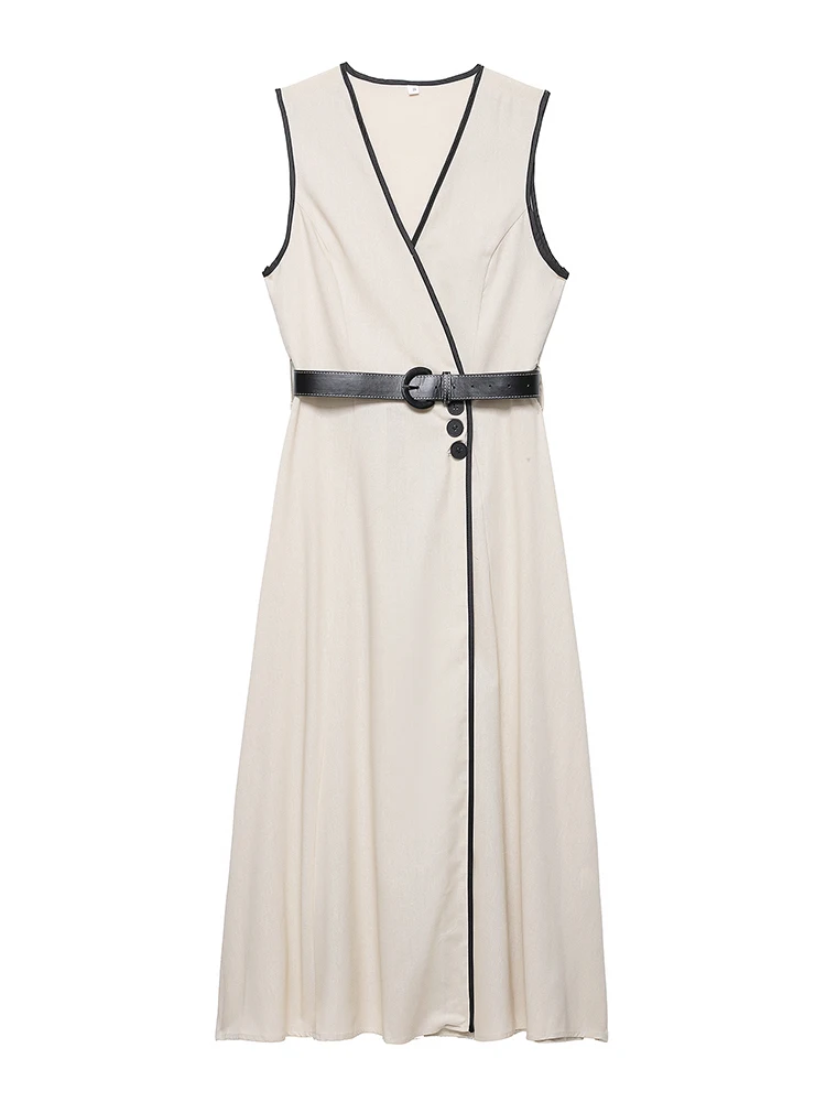 SIYANG Damska Moda z Paskiem Beżowa Sukienka Midi Prosta Jednorzędowa Vintage Dekolt V Bez Rękawów Elegancka Sukienka Damska