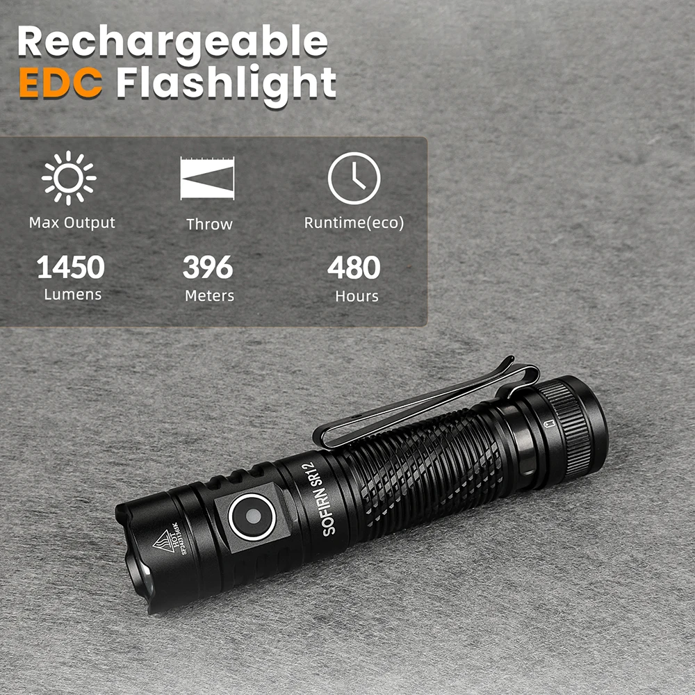 New Sofirn SR12 SFT25 LED 1450lm EDC Spot Flashlight 18650 USB C Rechargeable 6000K Powerful Light IP68 Torch