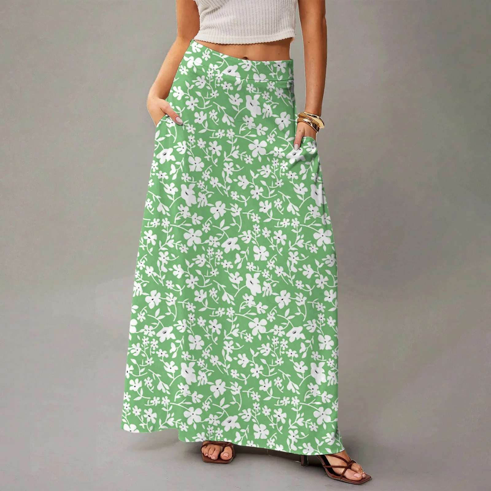 

Women's Straight Skirt Casual Summer Floral Print Bohemian Skirt Flowing Maxi Skirts with pockets High waist Elastic skirt