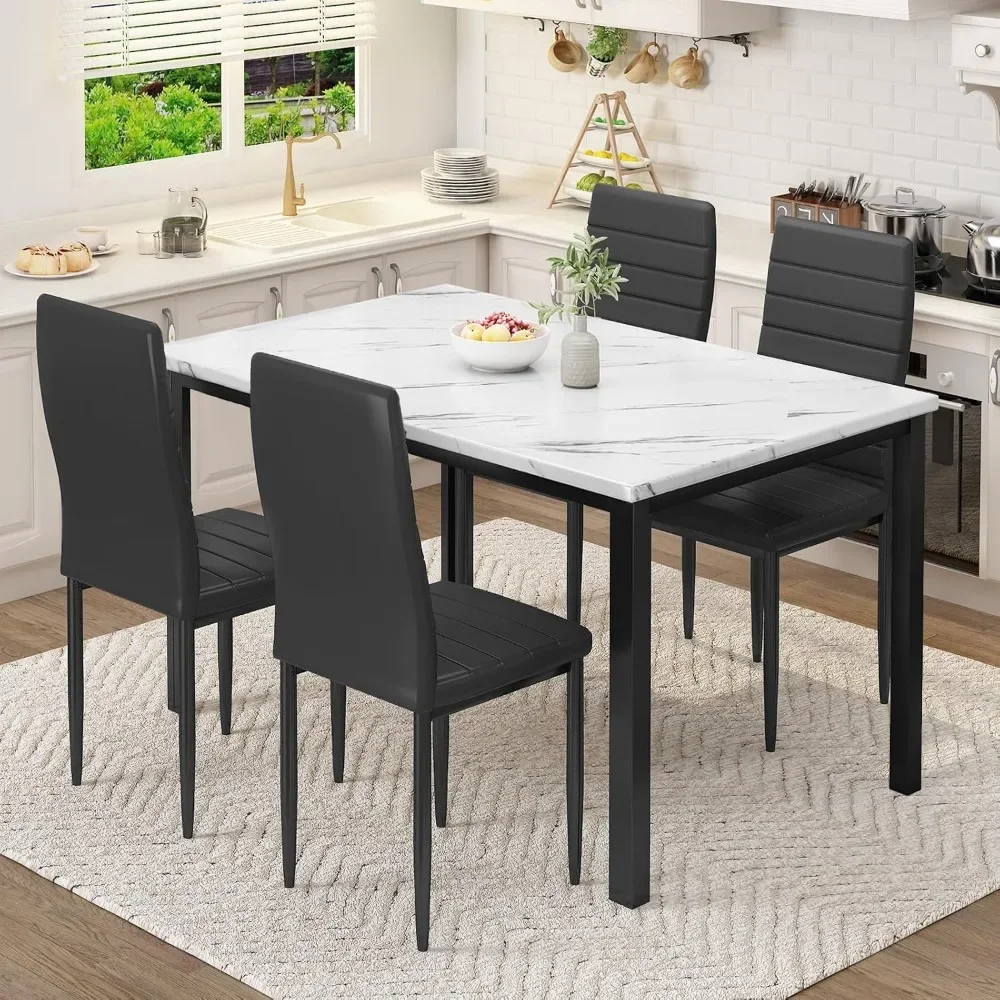 5 Piece Dining Table Set,Small Dining Table Set for 4, Faux Marble Dinner Table Set with 4 Upholstered ,  (White & Black)